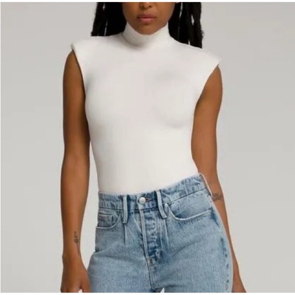 Good American Mock Neck Power Sleeveless  Bodysuit Shoulder Pads Ivory Sz 2/Med - Picture 1 of 11